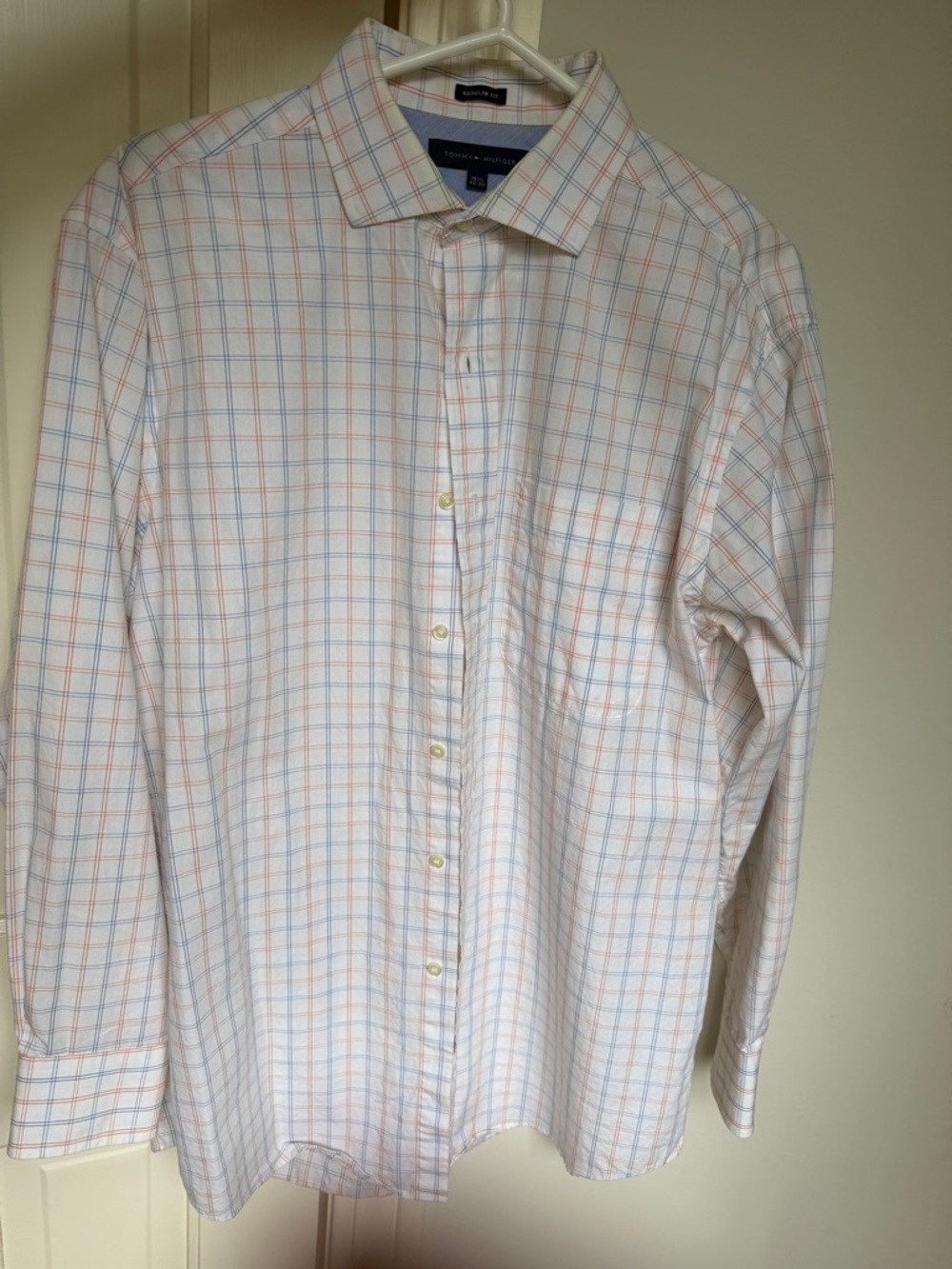 Tommy Hilfiger White Dress Shirt with Blue and Orange Windowpane